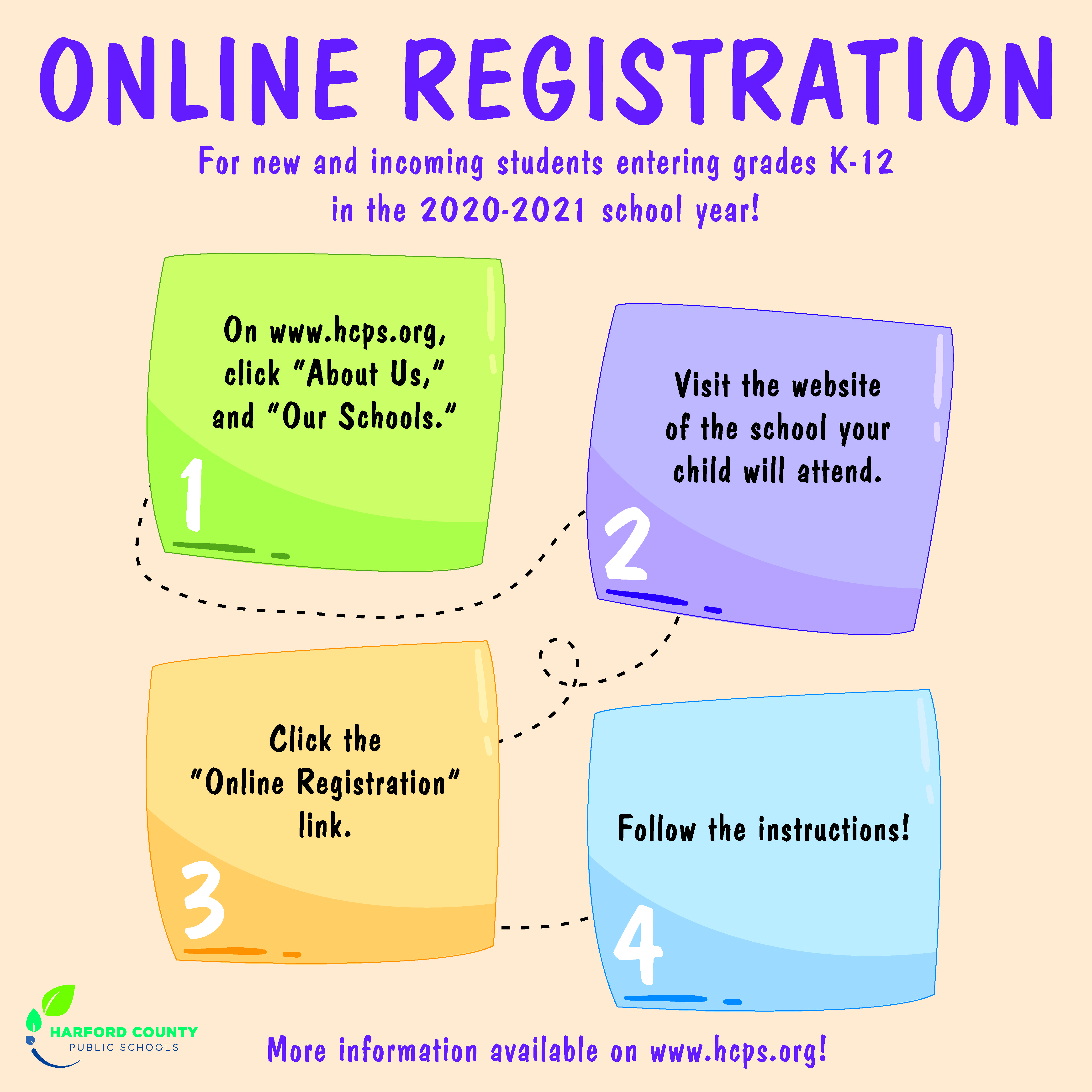 Online Registration. For new and incoming students entering grades K-12 in the 2020-2021 school year! 1. On www.hcps.org click About Us and Our Schools.  2. Visit the website of the school your child will attend.  3. Click the Online Registration link.  4. Follow the instructions.