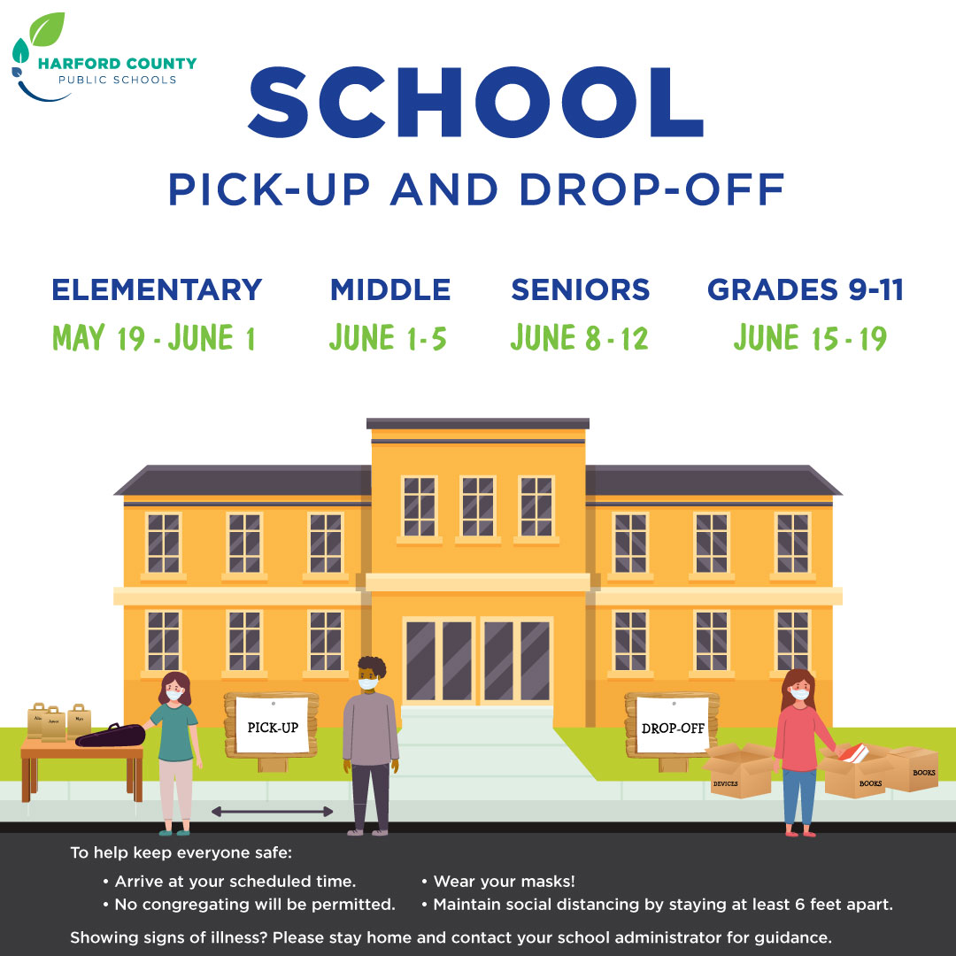 School Pick-Up and Drop-Off.  Elementary May 19 - June 1.  Middle June 1 - 5. Seniors June 8 - 12. Grades 9 - 11 June 15 - 19. To help keep everyone safe: Arrive at your scheduled time. No congregating will be permitted.  Wear your masks!  Maintain social distancing by staying at least 6 feet apart.  Showing signs of illness?  Please stay home and contact your school administrator for guidance.