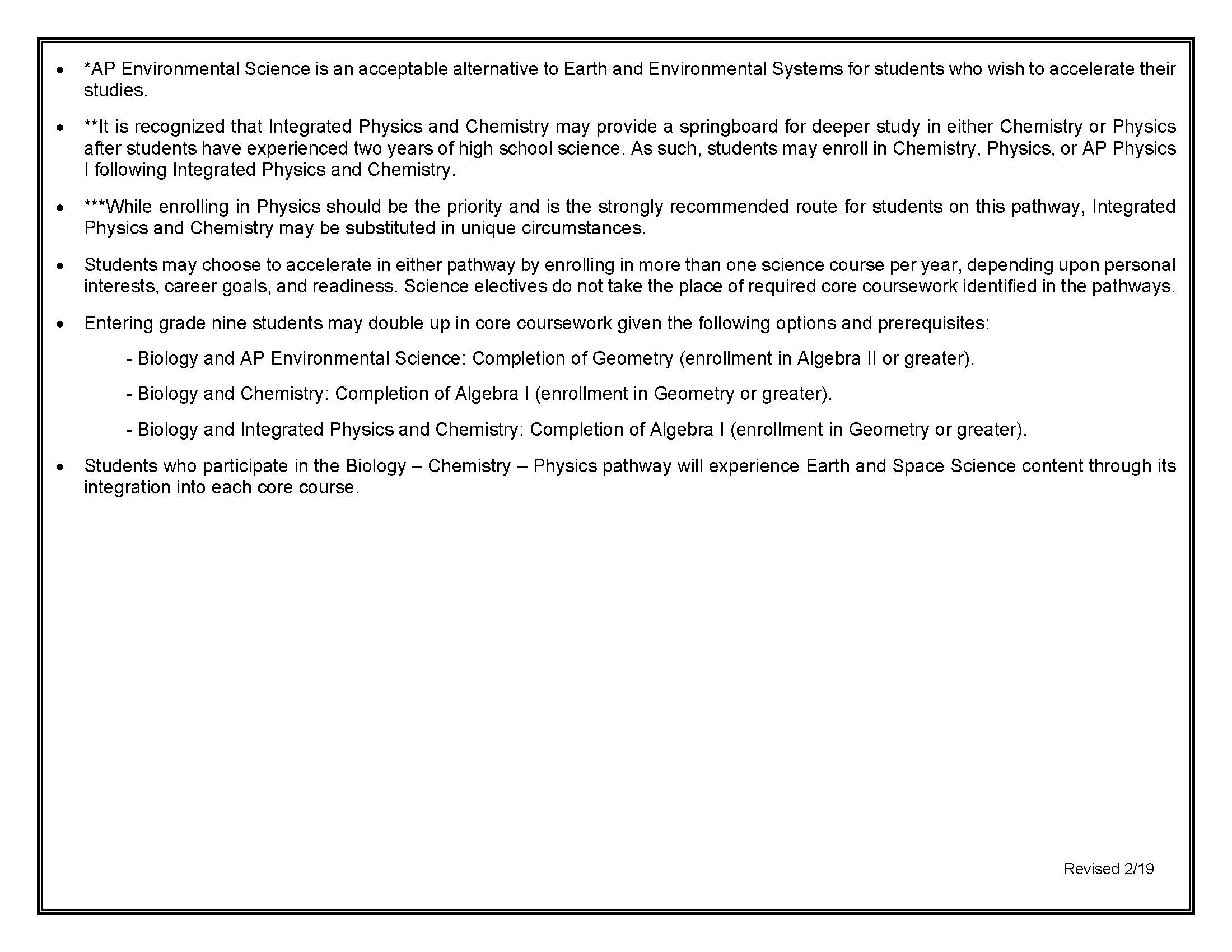 Science Course Sequence for Students Enrolled in High School Prior to 2017-2018