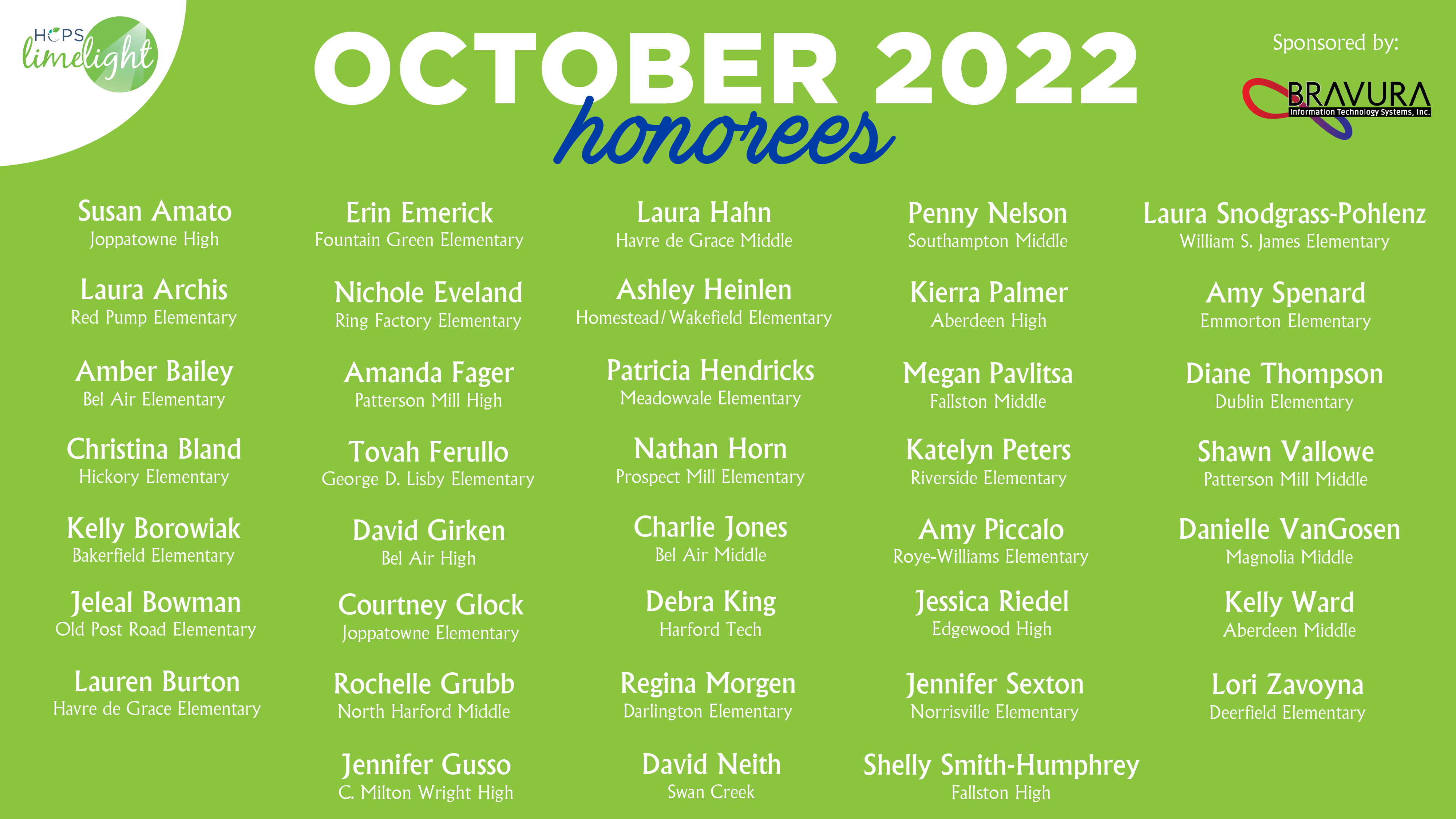 HCPS Limelight Honorees - October 2022