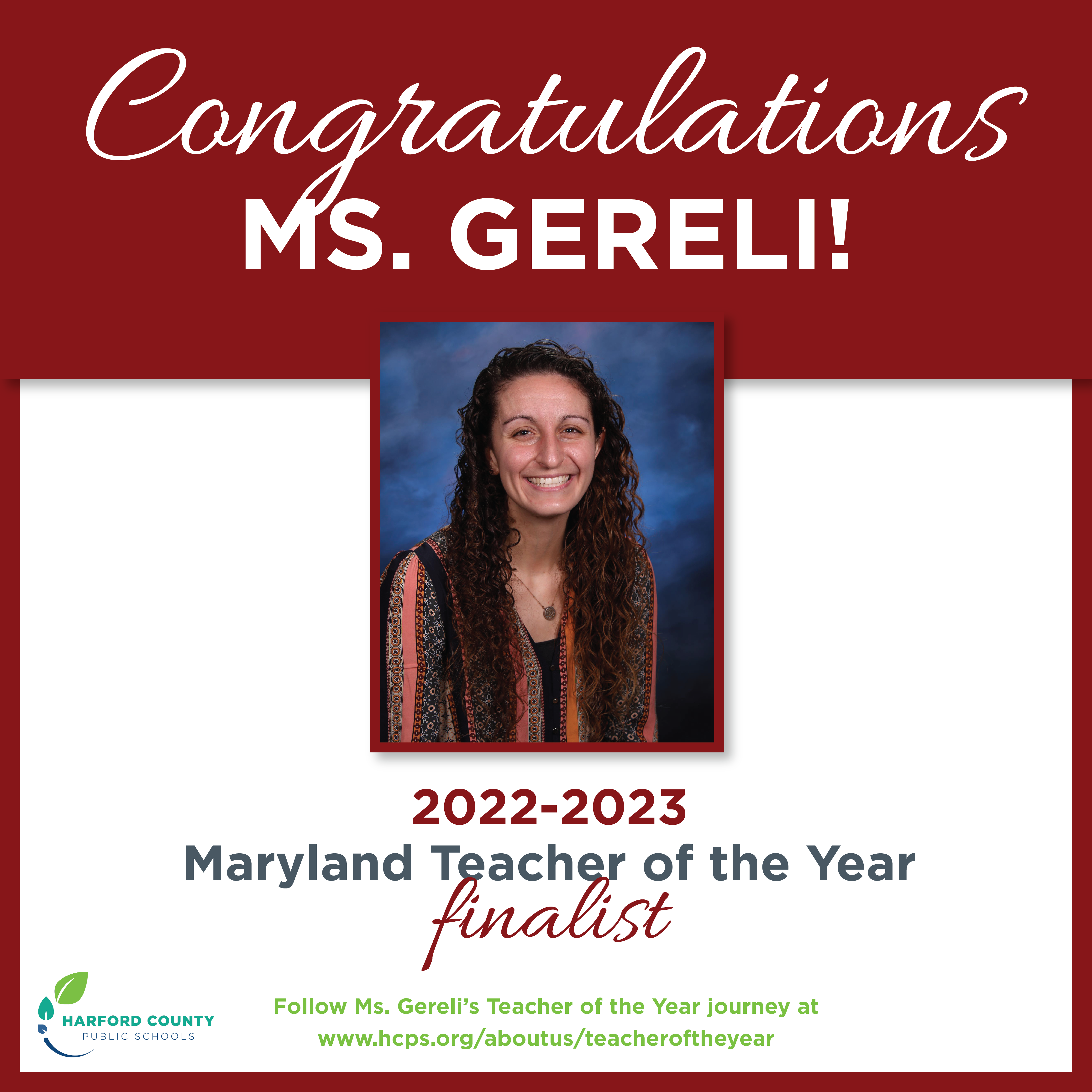 HCPS 2022 Teacher of the Year Ashley Gereli Named a State Teacher of the Year Finalist!